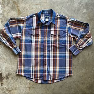 Vintage Western Wrangler Blue Pearl Snap Button Down Size Large